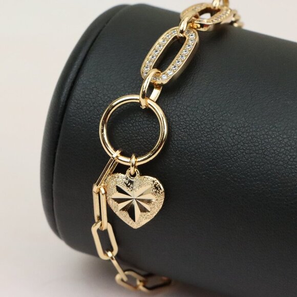 Elegant Rose Gold Heart Charm Bracelet with Sparkling Link Design, XPBL0644 - Picture 1 of 12
